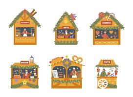 Vector set of Christmas market shops with sellers. Hot drinks, gifts, sweets,decorations, food, toys stalls. Isolated on white.