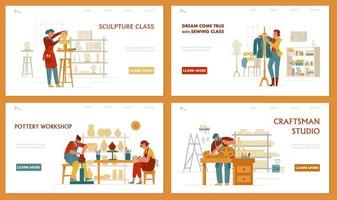 Crafts and hobbies set of vector landing page templates. Sculpture, sewing, pottery, carpentry.