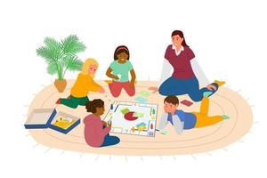 niños jugando juegos de mesa en el suelo en el jardín de infancia. sala de juegos con el maestro y los niños. ilustración vectorial aislado en blanco vector