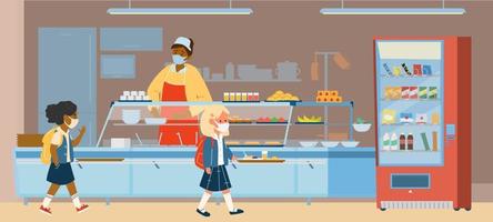 Vector School Canteen With Different Races Pupils In Protective Masks Standing In Line To Take Food. School Life During Covid-19 Pandemic. Flat Illustration.