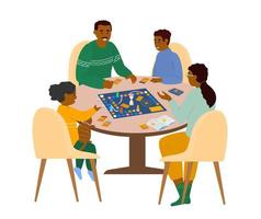 familia afroamericana sentada en la mesa jugando juegos de mesa en casa ilustración vectorial. aislado en blanco vector