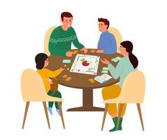 Family Playing Board Game At Table At Home. Vector Illustration. Isolated On White.