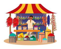 Indian man selling spices in street shop. Trade fair stall. Chili pepper, dries fruits, cinnamon. Flat vector illustration.