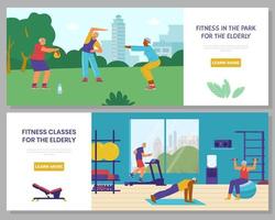 Active retirement horizontal vector banners. Elderly people doing exercises in the gym and outdoors.