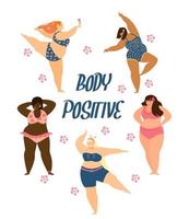 Body positive concept. Different races plus size women dancing in bikini. Self acceptance concept. Postcard. Flat vector illustration.
