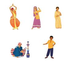 conjunto vectorial de caracteres indios. mujeres bailando con vestidos tradicionales, hombre fumando narguile. estilo de dibujos animados plana.