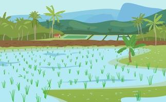 Vector Illustration Of Indian Rice Fields. Rice Plantations Landscape With Palms, Mountains, Hut.