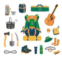 Camping equipment set. Backpack, tent, sleeping bag, thermos, utensils,  tools, rope,hiking boots, flashlight, mosquito repellent, headlamp, matches, compass, socks, hat, first aid kit, guitar. Vector