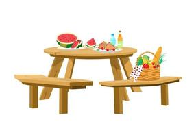 Vector illustration of served picnic table isolated on white. Picnic basket, watermelon with slices, sandwiches, water, lemonade. Round wooden table with benches.