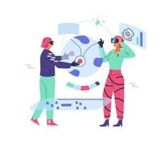 Two women colleagues in VR headsets and gloves working together on project in cyberspace flat vector illustration. Metaverse for business concept.