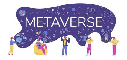 banner horizontal de vector plano de metaverso. diferentes personas en auriculares vr en el mismo ciberespacio llenos de objetos abstractos, hologramas e íconos de criptomonedas.