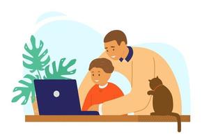 educación en el hogar o educación en línea. papá o tutor con niño y gato sentado frente al aprendizaje de la computadora portátil. ilustración vectorial plana. vector