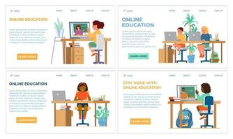 Online Education For Kids Website Template Set. Different Races Children Seat At Desk With Laptops With Teachers On Screen. Flat Vector Design.