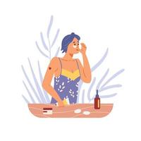 Skincare and beauty routine flat vector illustration. Woman applying cleansing and moisturizer cosmetic products.