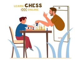 Online Chess Education Concept. Boy Sitting At Table With Chessboard And Chess Timer. Teacher Holding Knight Shows How To Play From Smartphone. Vector Illustration.