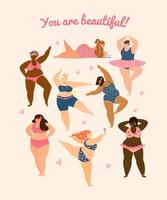 Different races plus size women in swimsuits dancing. Body positive concept. Postcard. Flat vector illustration.