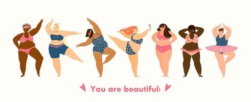 Body positive concept. Different races plus size women dancing in bikini. Self acceptance concept. Horizontal banner. Flat vector illustration.