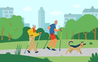 Elderly couple doing nordic walking in the park with dog flat vector illustration. Active senior people outdoors.