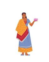 mujer india con vestido tradicional sosteniendo flor de loto. ilustración vectorial. aislado en blanco vector