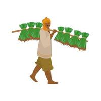 Vector illustration of Indian farmer in turban carrying rice plants for planting. Authentic traditional agriculture. Isolated on white. Flat design.