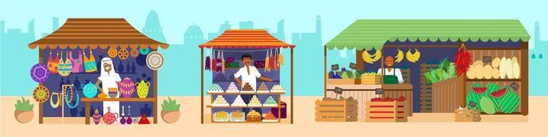 Asian bazaar with sellers. Souvenirs, pottery, sweets, jewelry, fruits and vegetables. Indian characters. Horizontal marketplace panorama. Flat vector illustration.