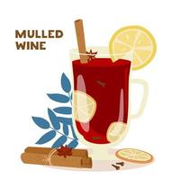 Mulled Wine With Lemon Slices, Cinnamon Sticks And Clove In Tall Glass Cup Vector Illustration. Hot Beverage.