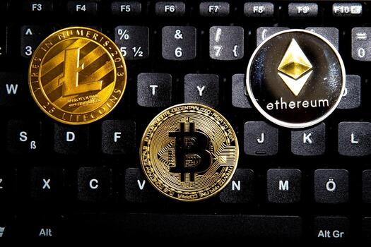Cryptocurrency Bitcoin, Litecoin and Ethereum on a Keyboard photo