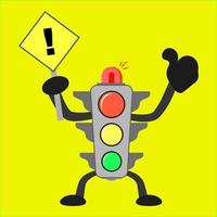 linda mascota de semáforo con señal de atención en la mano y sirena roja en ella vector