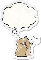 cartoon singing bear and thought bubble as a distressed worn sticker vector