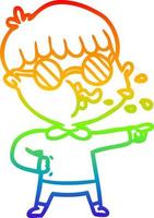 rainbow gradient line drawing cartoon boy wearing spectacles and pointing vector