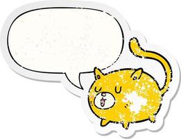 cartoon happy cat and speech bubble distressed sticker vector