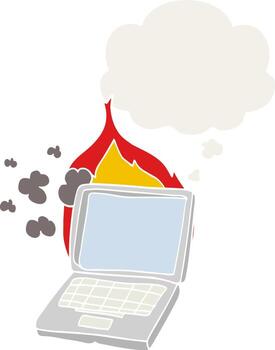 cartoon broken laptop computer and thought bubble in retro style vector