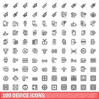 100 device icons set, outline style vector