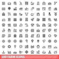 100 farm icons set, outline style vector