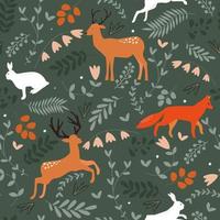 Seamless pattern with a forest natural print. Wild forest animals hare, fox, deer among leaves, flowers, branches. vector