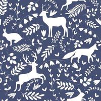 Seamless pattern with a forest natural print. Wild forest animals hare, fox, deer among leaves, flowers, branches. Vector graphics.