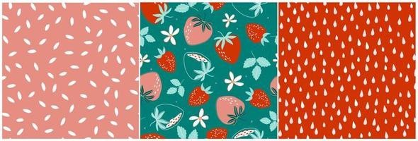 A set of seamless patterns with juicy strawberries. Fruity summer natural print. Healthy vegetarian food. Vector graphics.