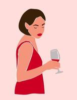 A beautiful girl in an evening dress with bright lips and a glass of wine. Abstract modern portrait. Vector graphics.