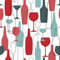 Abstract contemporary seamless pattern with wine glasses and bottles of different shapes. Transparent drinking utensils. Vector graphics.