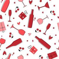 Seamless pattern with a festive set. Bottles, glasses, gifts, heart, cherry, print for a holiday, birthday, valentine's day. Vector graphics.