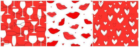 Seamless pattern with abstract contemporary simple print. Bright linear lips, hearts, wine glasses are a symbol of love. Vector graphics.