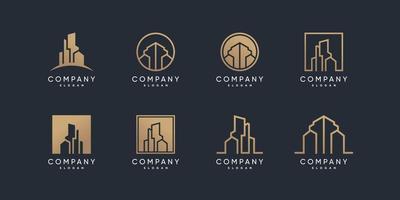 Building logo collection with golden and line style Premium Vector