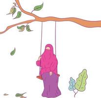 Muslim woman playing on the swing vector