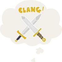 cartoon sword fight and thought bubble in retro style vector