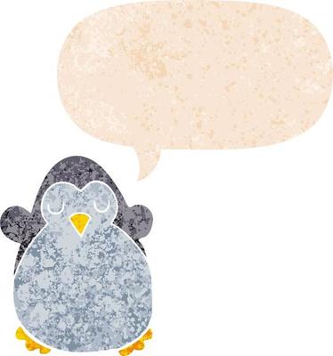 cartoon penguin and speech bubble in retro textured style