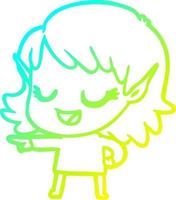 cold gradient line drawing happy cartoon elf girl pointing vector