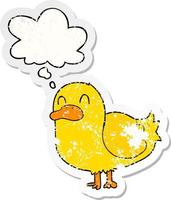 cartoon duck and thought bubble as a distressed worn sticker vector