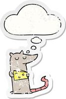 cartoon mouse with cheese and thought bubble as a distressed worn sticker vector