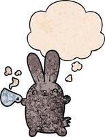 cute cartoon rabbit with coffee cup and thought bubble in grunge texture pattern style vector