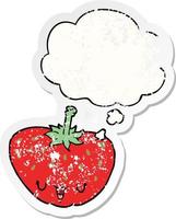 cartoon strawberry and thought bubble as a distressed worn sticker vector